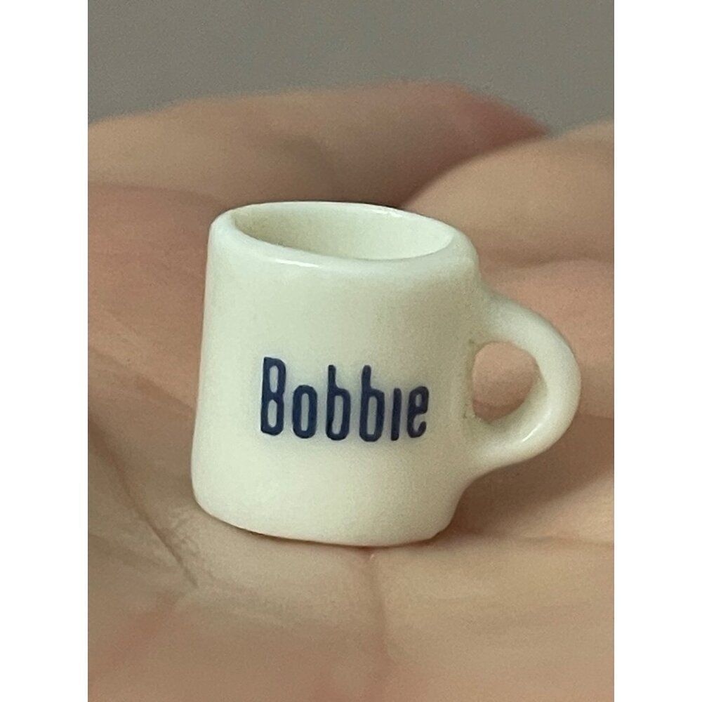 Vintage Miniature White Ceramic Coffee Mug With name Bobbie Spell Out Dollhouse